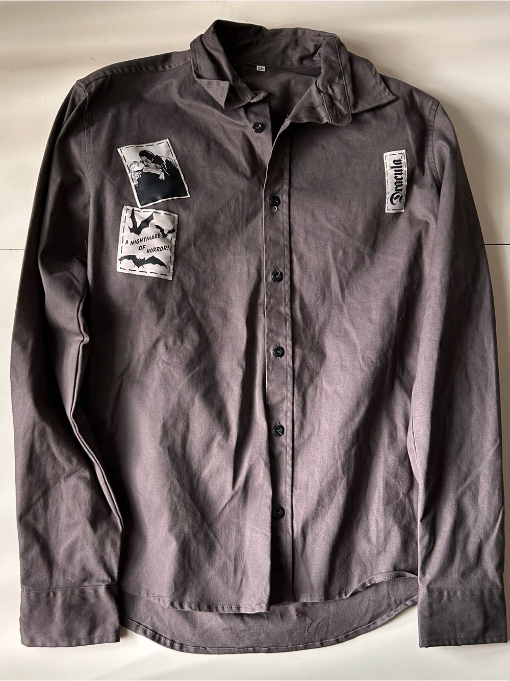 Unisex Dark Gray Button-Up Shirt Jacket with Patch Details